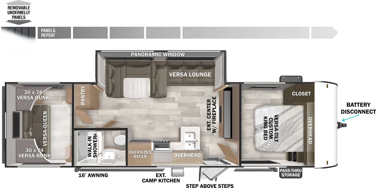 The Cruise Lite 28VBXL has one entry and one slide out. Exterior features include: metal exterior, 16' awning and outside kitchen. Interiors features include: bunk beds, u-dinette and front bedroom.